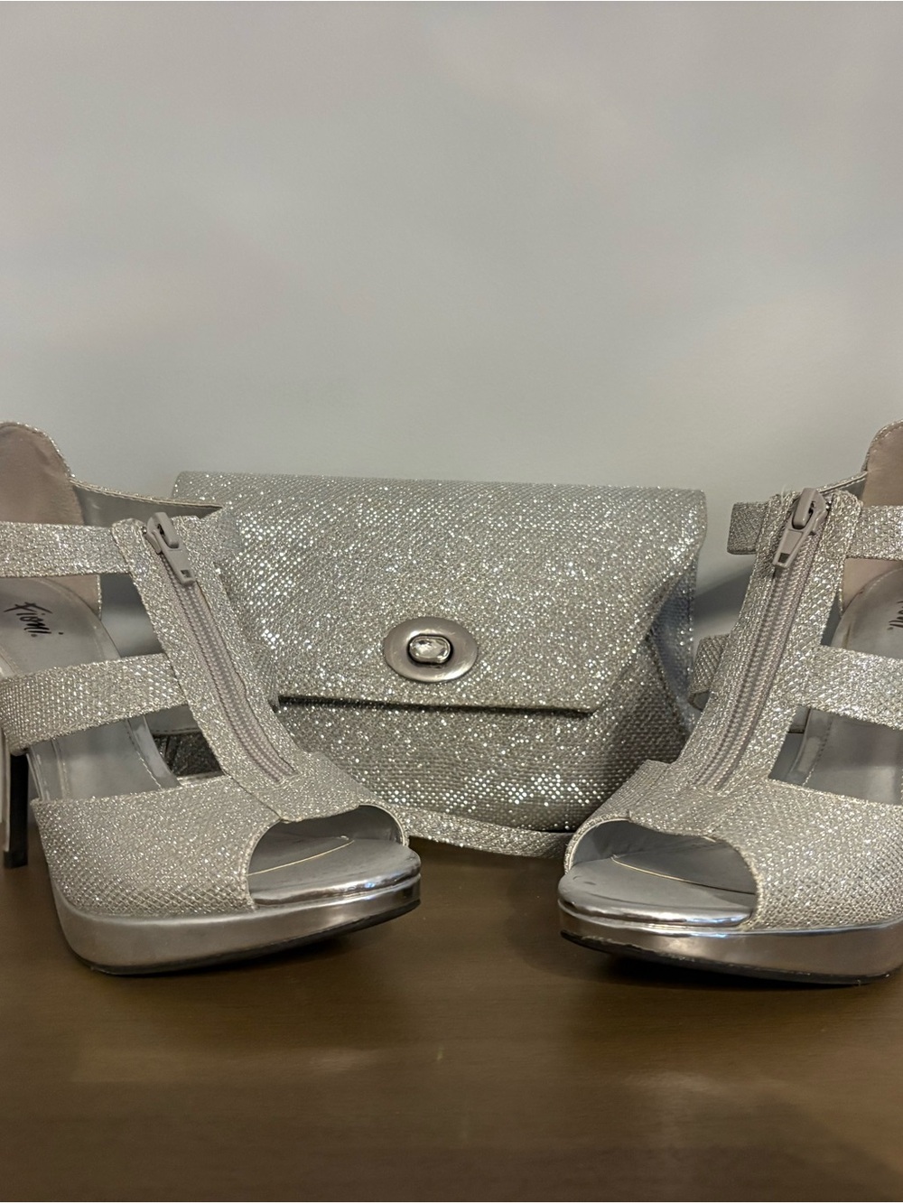 Fioni Silver Glitter Peep-Toe Heels with Matching Clutch